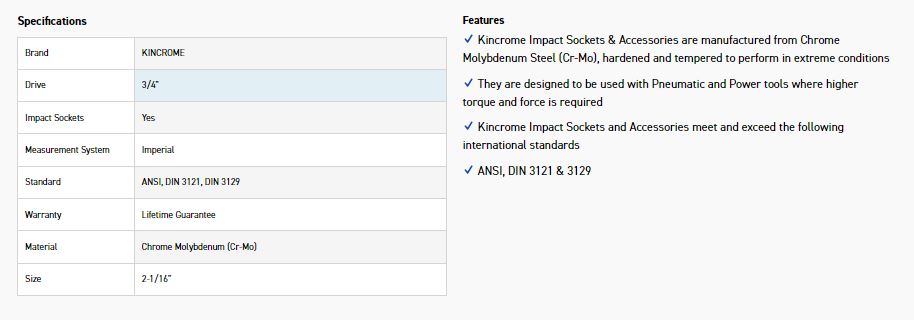 KINCROME K2471 IMPACT SKT 3/4DRV 2-1/16 - Image 2