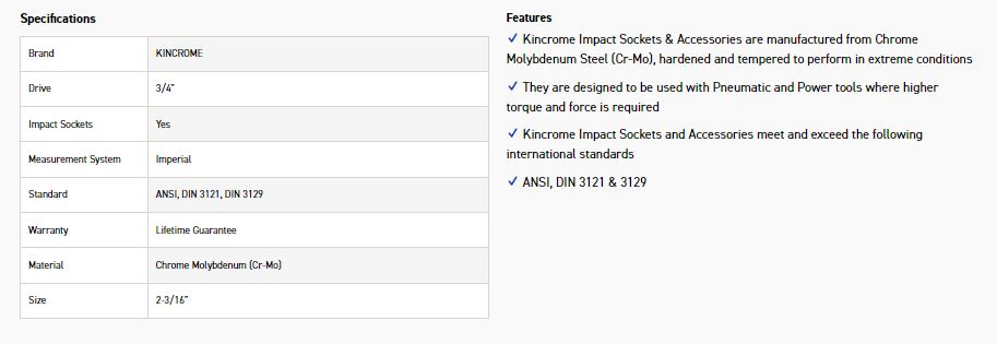 KINCROME K2473 IMPACT SKT 3/4DRV 2-3/16 - Image 2