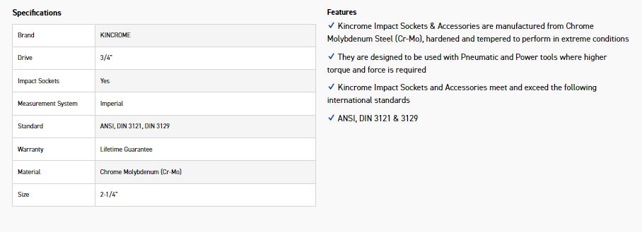 KINCROME K2474 IMPACT SKT 3/4DRV 2-1/4 - Image 2