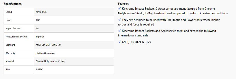 KINCROME K2475 IMPACT SKT 3/4DRV 2-5/16 - Image 2