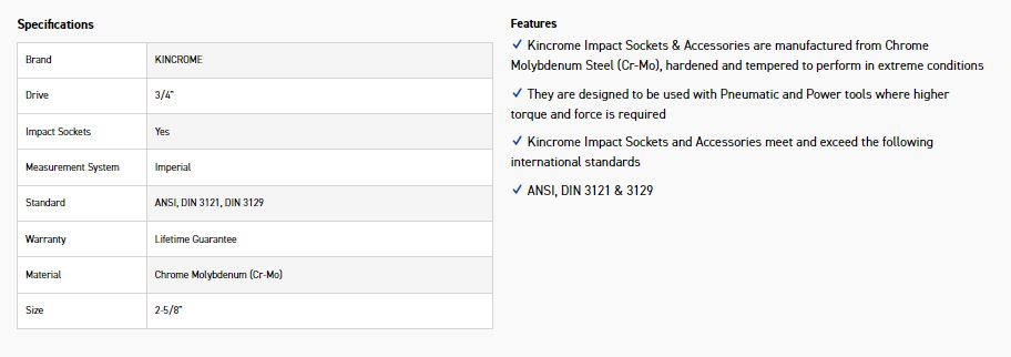 KINCROME K2479 IMPACT SKT 3/4DRV 2-5/8 - Image 2