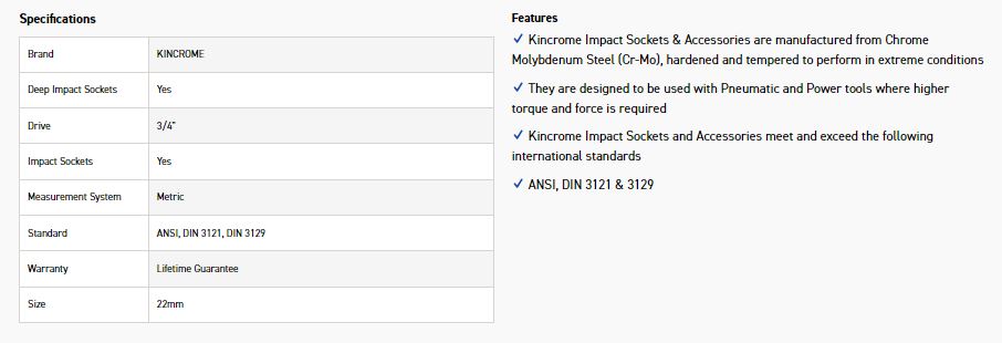 KINCROME K2486 IMPACT SKT DEEP 3/4DRV 22MM - Image 2