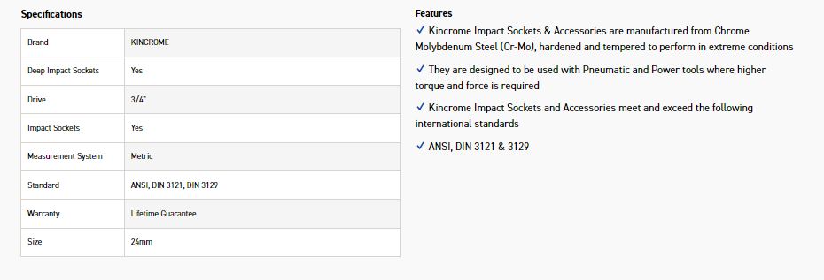 KINCROME K2488 IMPACT SKT DEEP 3/4DRV 24MM - Image 2