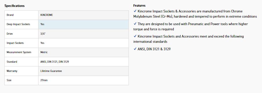 KINCROME K2491 IMPACT SKT DEEP 3/4DRV 27MM - Image 2