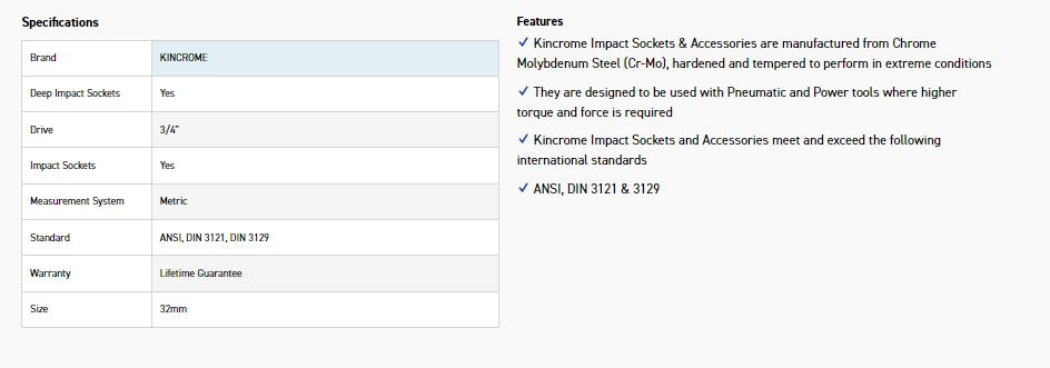 KINCROME K2496 IMPACT SKT DEEP 3/4DRV 32MM - Image 2