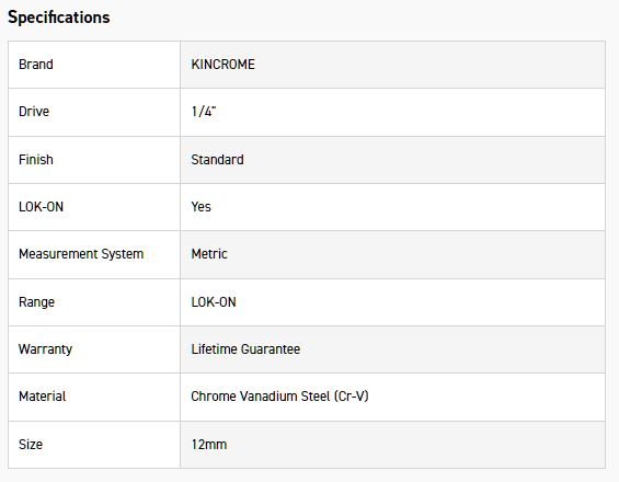 KINCROME K25010 LOKON SOCKET 1/4DR 12MM - Image 2