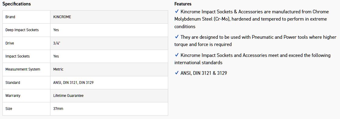 KINCROME K2501 IMPACT SKT DEEP 3/4DRV 37MM - Image 2