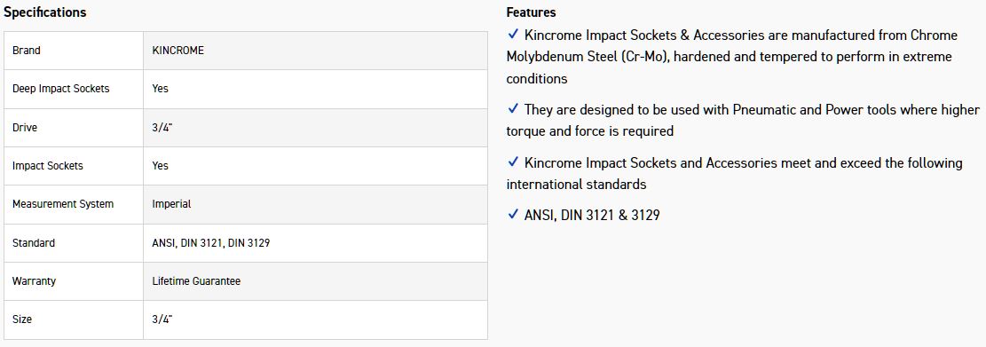 KINCROME K2511 IMPACT SKT DEEP 3/4DRV 3/4 - Image 2