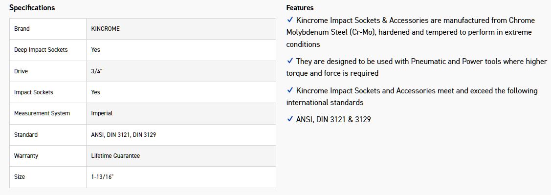KINCROME K2528 IMPACT SKT DEEP 3/4 1-13/16 - Image 2