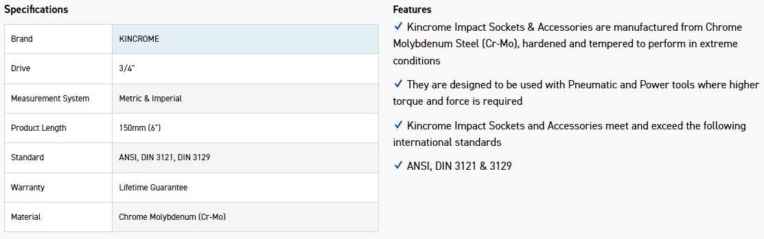 KINCROME K2535 IMP EXTENS 3/4DR 150MM (6") - Image 2