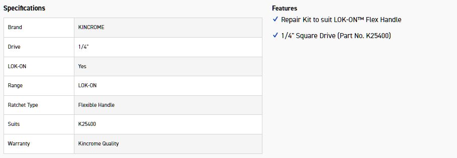 KINCROME K25400RK REPAIR KIT-1/4D LOKON-FLXHDL - Image 2