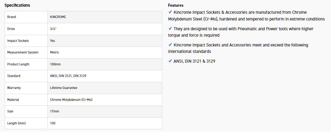 KINCROME K2540 HEX IMPACT 3/4 17MM X 100MM - Image 2