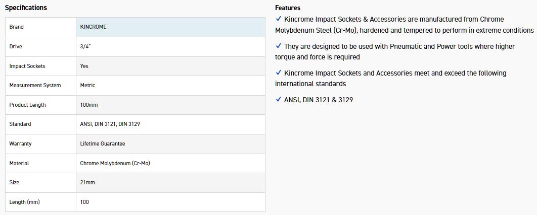 KINCROME K2542 HEX IMPACT 3/4 21MM X 100MM - Image 2