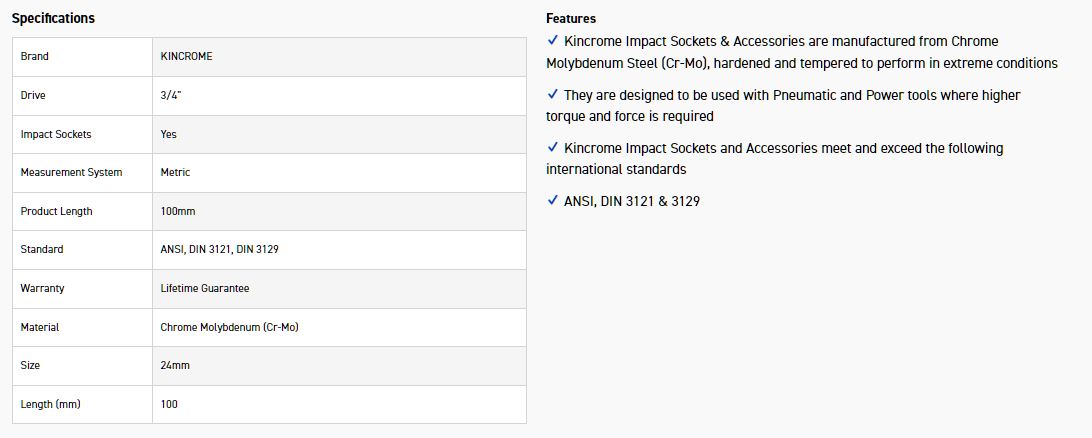 KINCROME K2545 HEX IMPACT 3/4 24MM X 100MM - Image 2