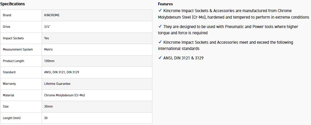 KINCROME K2547 HEX IMPACT 3/4 30MM X 100MM - Image 2