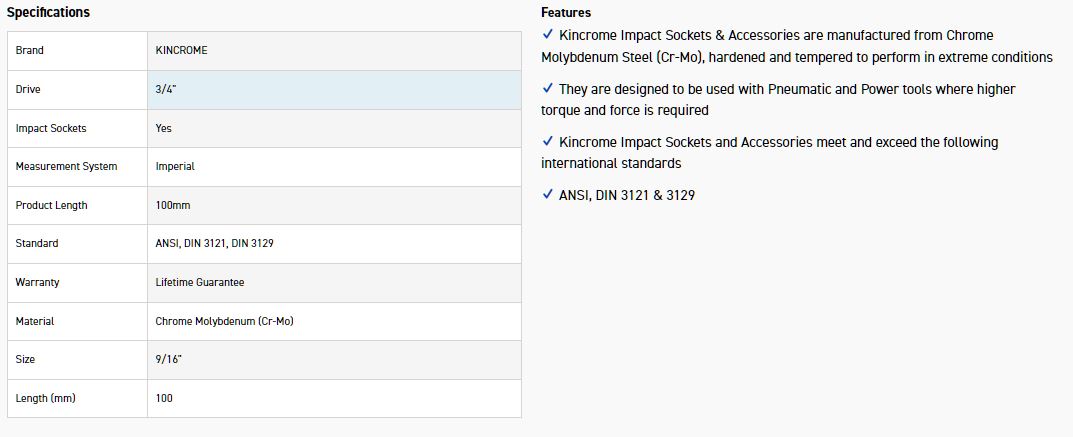 KINCROME K2550 HEX IMPACT 3/4 9/16 X 100MM - Image 2