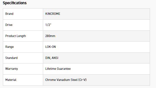 KINCROME K25524 LOKON EXTENSION BAR 1/2D 280MM - Image 2