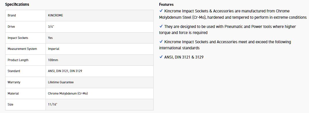 KINCROME K2552 HEX IMPACT 3/4 11/16 X100MM - Image 2