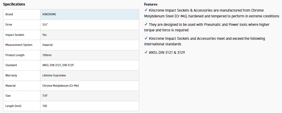KINCROME K2555 HEX IMPACT 3/4 7/8 X 100MM - Image 2