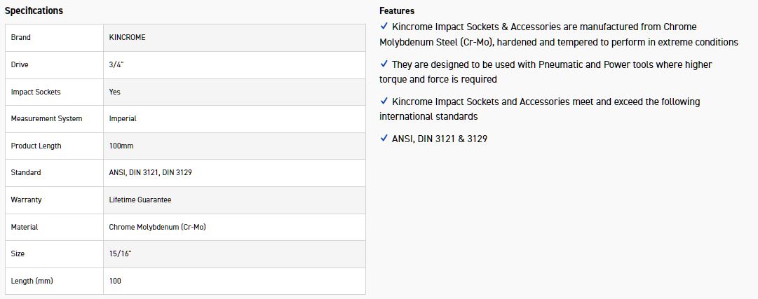 KINCROME K2556 HEX IMPACT 3/4 15/16 X100MM - Image 2