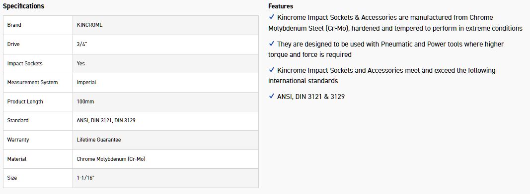 KINCROME K2558 HEX IMPACT 3/4 1-1/16X100MM - Image 2