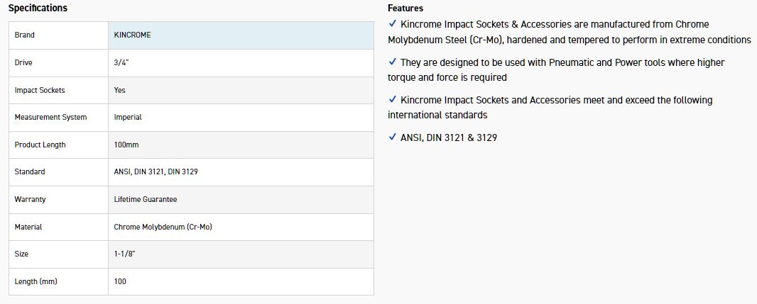 KINCROME K2559 HEX IMPACT 3/4 1-1/8X100MM - Image 2