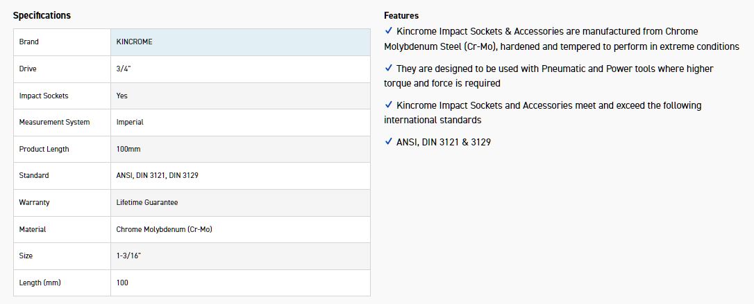 KINCROME K2560 HEX IMPACT 3/4 1-3/16X100MM - Image 2