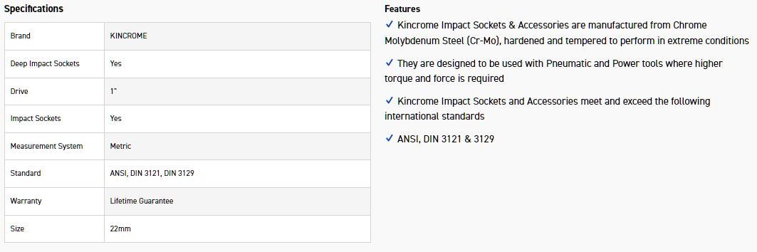 KINCROME K2674 IMPACT SKT DEEP 1 DR 22MM - Image 2