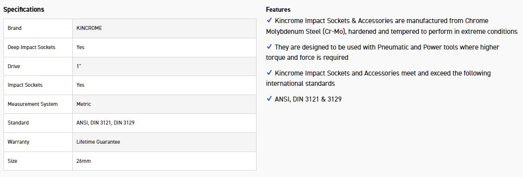 KINCROME K2678 IMPACT SKT DEEP 1 DR 26MM - Image 2