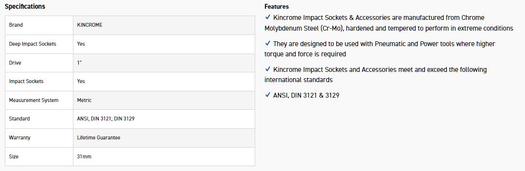 KINCROME K2683 IMPACT SKT DEEP 1 DR 31MM - Image 2