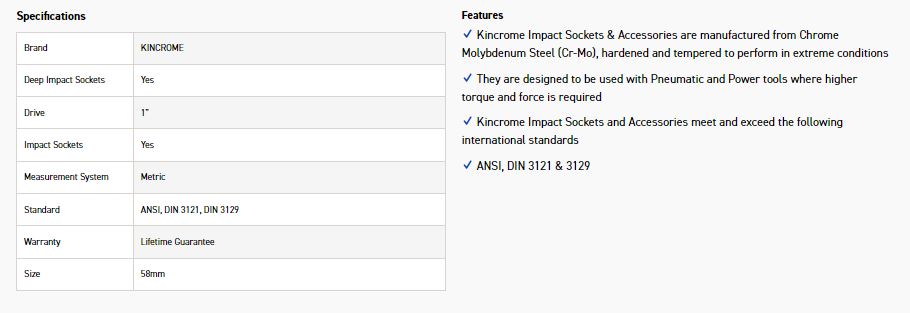 KINCROME K2707 IMPACT SKT DEEP 1 DR 58MM - Image 2