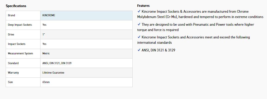 KINCROME K2711 IMPACT SKT DEEP 1 DR 65MM - Image 2