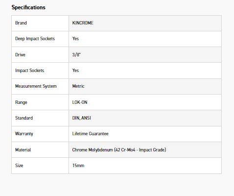 KINCROME K27187 LOKON IMP SKT DEEP 3/8DRV 15MM - Image 2