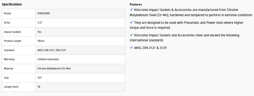 KINCROME K2762 TORX IMPACT 1/2DR T27 x 78MM - Image 2