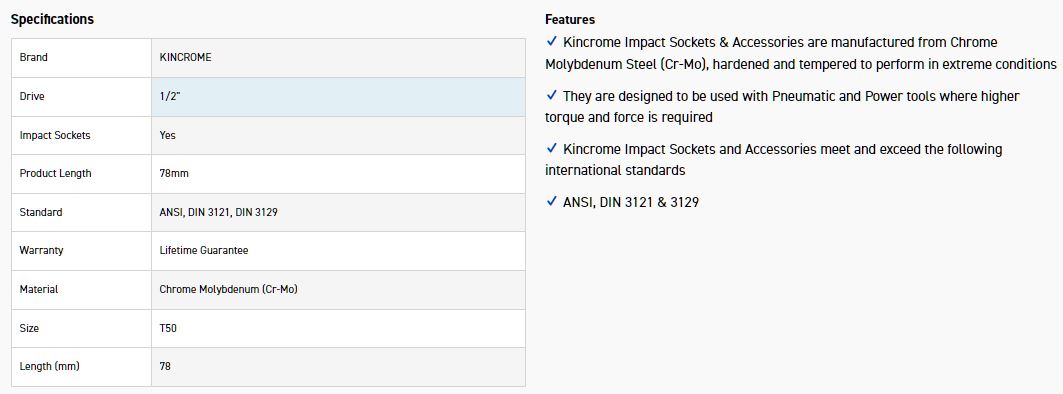 KINCROME K2767 TORX IMPACT 1/2DR T50 x 78MM - Image 2