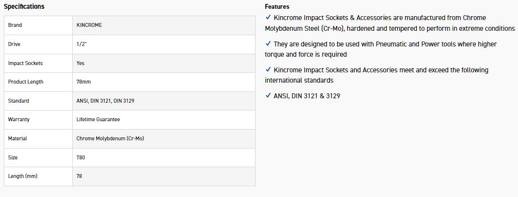 KINCROME K2771 TORX IMPACT 1/2DR T80 x 78MM - Image 2