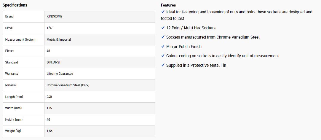 KINCROME K28001 SKT SET 48PC 1/4 DR MET/IMP - Image 2