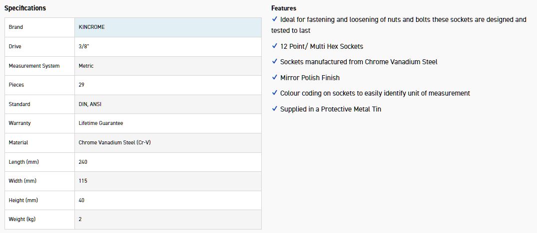 KINCROME K28010 SKT SET 29 PCE 3/8" DRV MET - Image 2