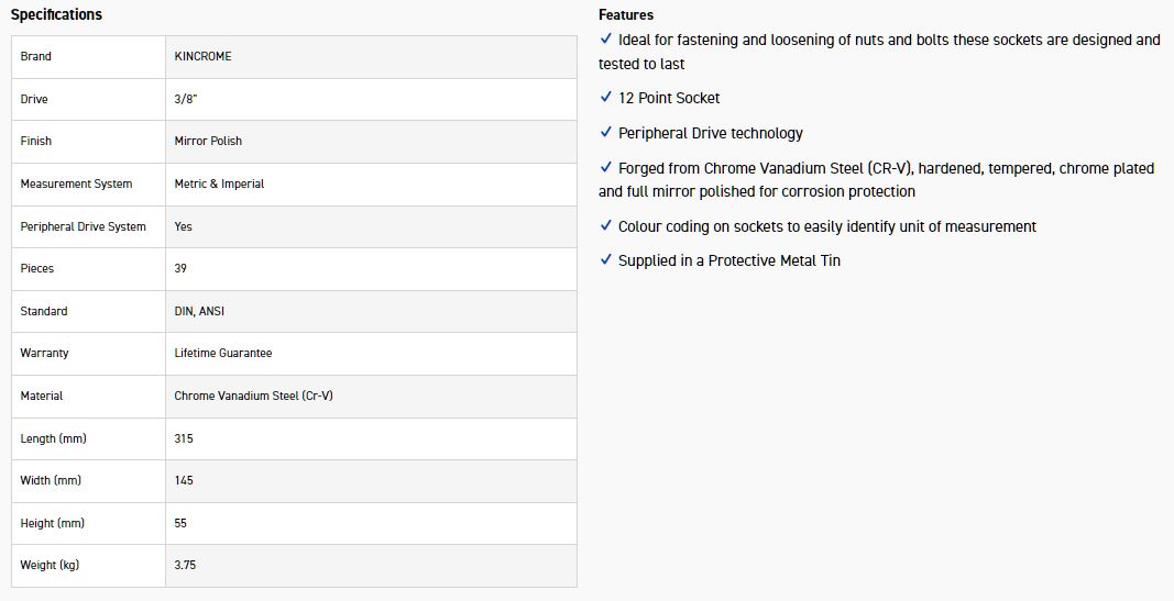 KINCROME K28011 SKT SET 39P 3/8DR MET/IMP - Image 3