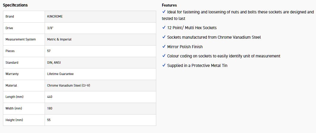 KINCROME K28014 SKT SET 57P 3/8D MET/AF STD/DP - Image 3