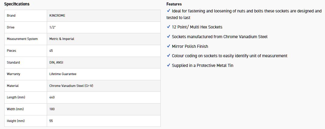 KINCROME K28024 SKT SET 45P 1/2D MET/AF STD/DP - Image 3