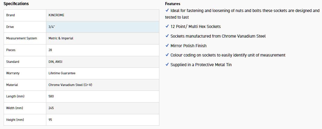 KINCROME K28045 SOCKET SET 3/4 DRV 28P MET/AF - Image 4