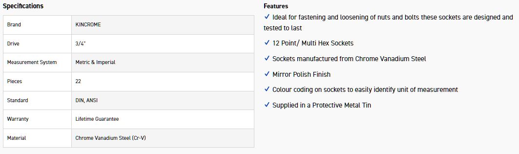 KINCROME K28046 SOCKET SET 3/4 DRV 22P MET/AF - Image 4