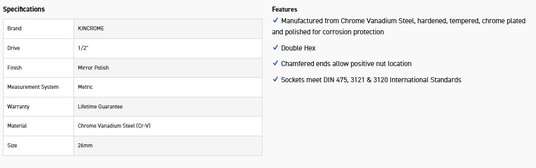 KINCROME K2878 SOCKET 1/2DR 26MM (MP) - Image 2