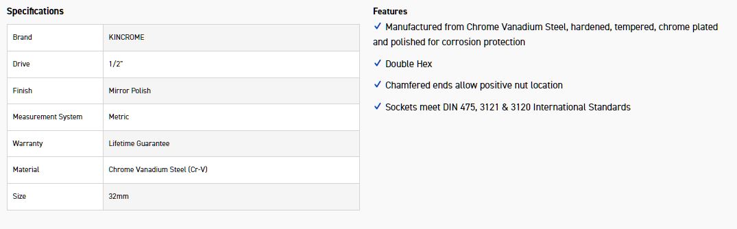 KINCROME K2883 SOCKET 1/2DR 32MM (MP) - Image 2
