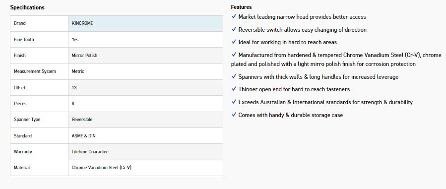 KINCROME K3017 8PCE REVERSE GEAR SPANNER-MET - Image 3