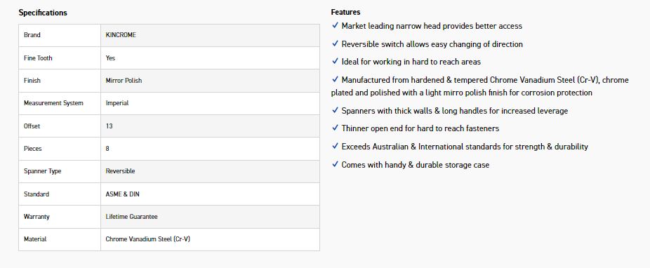 KINCROME K3018 8PCE REVERSE GEAR SPANNER-IMP - Image 3