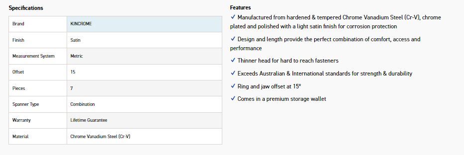 KINCROME K3035 7P JUMBO COMBO SPANNER SET MET - Image 3