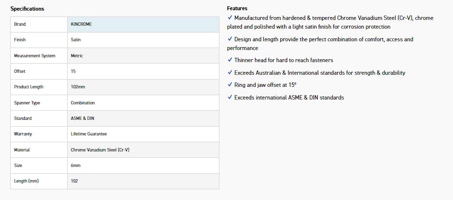 KINCROME K3106 6MM COMBO SPANNER (SATIN) - Image 2
