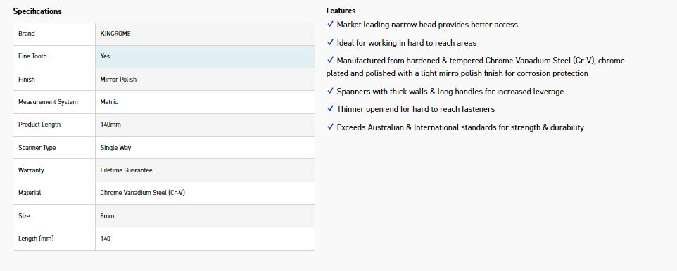 KINCROME K3108 8MM SINGLE WAY GEAR SPANNER - Image 2
